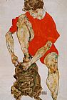 Egon Schiele Canvas Paintings - Female Model in Bright Red Jacket and Pants